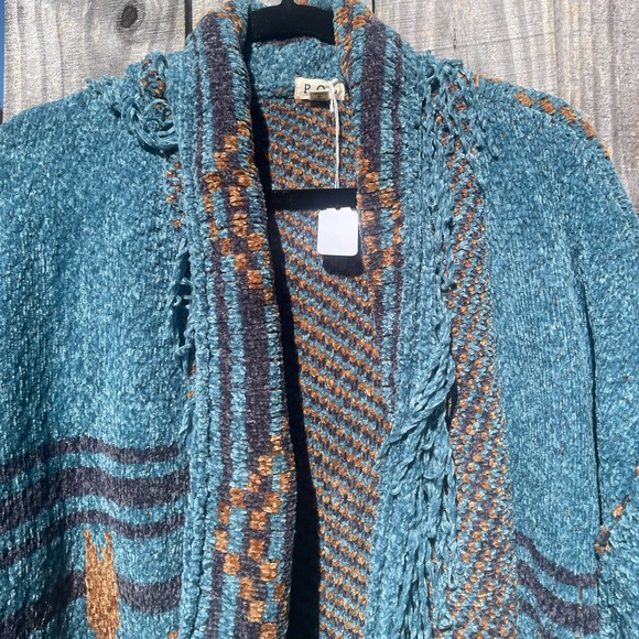 POL Teal and Brown Fringed Southwestern Cardigan - Picture 2 of 13